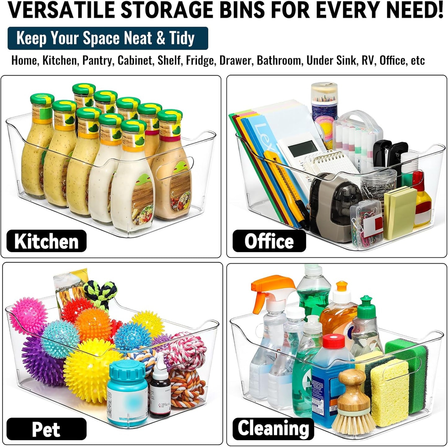 12 PACK Multi-Use Clear Plastic Storage Bins for Organizing w/ Labels - Home, Kitchen, Pantry, Bathroom, Office, Cabinet Shelf Organizer Bins - SOHO Collection, RV, Fridge Organization Containers -XL