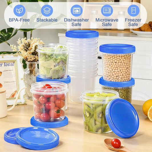 12 Pcs 16 oz Plastic Deli Containers with Screw Lids, Freezer Storage Containers Reusable 2 Cup Food Storage Container with Pen & Brush for Snack Salad Fruit, Microwave & Dishwasher Safe