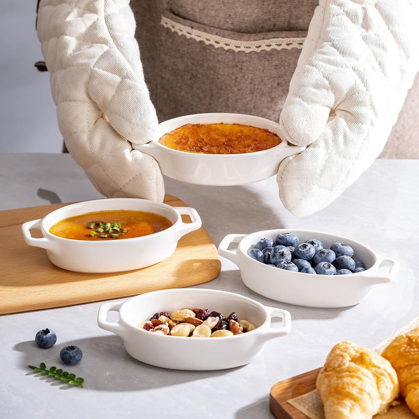 4-Pack Oval Creme Brulee Ramekins, 4 oz Mini Porcelain Souffle Dish, Ramekins Oven Safe with Double Handles (White)