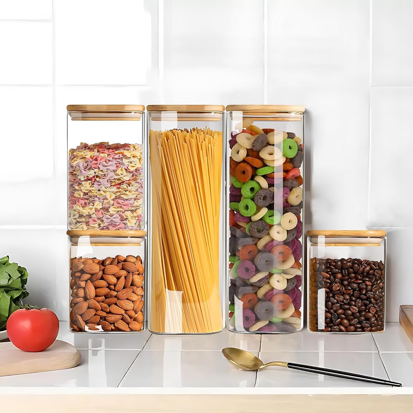 Glass Food Storage Jars Set of 4 with Bamboo Lid Airtight Glass Storage Canister, Cylindrical Kitchen Clear Food Storage Container Jar, for Pasta, Coffee, Cookies, Nuts, Cereal, Oats, Flour