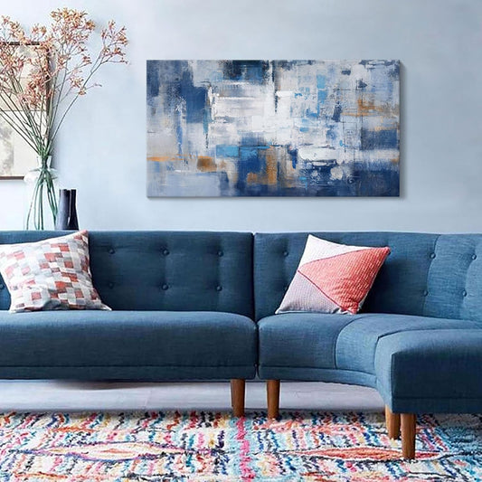 KLAKLA Blue Wall Decor - Abstract Canvas Wall Art for Living Room - Artistic Elegance Unveiled in a Beautiful Wooden Frame & Blue and White Pictures for Office Bedroom Wall Decoration