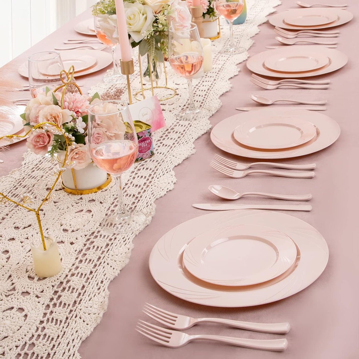 YOUBET 125PCS Pink Plastic Plates - Light Pink Birthday Plates Include 25 Dinner Plate, 25 Dessert Plate, 75 Silverware for Baby Shower & Birthday Parties