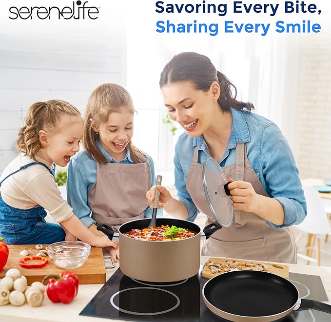 SereneLife Kitchenware Pots & Pans Basic Kitchen Cookware, Black Non-Stick Coating Inside, Heat Resistant Lacquer (11-Piece Set), One Size, Gold