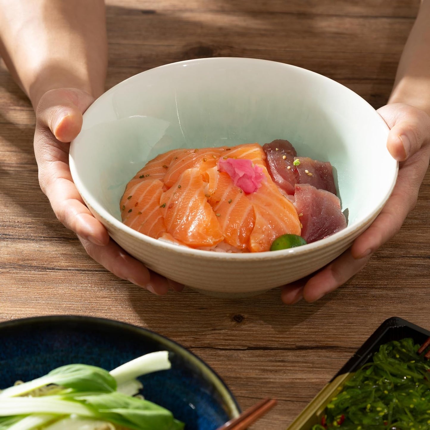 8 Inch Ceramic Ramen Bowl Set of 2, 40oz Japanese Bowls with Spoons & Chopsticks,Durable,Microwave & Dishwasher Safe,Perfect for Ramen,Pho,Salad,Soup,Noodles,Mixing bowls(Cyan Sea)