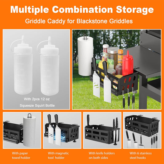 Griddle Caddy for Blackstone Griddles 28"/36"/Prep Cart, Blackstone Caddy with Squeeze Bottle, Blackstone Griddle Accessories Space Saver, BBQ Grill Storage Organizer with Magnetic Tool Holder