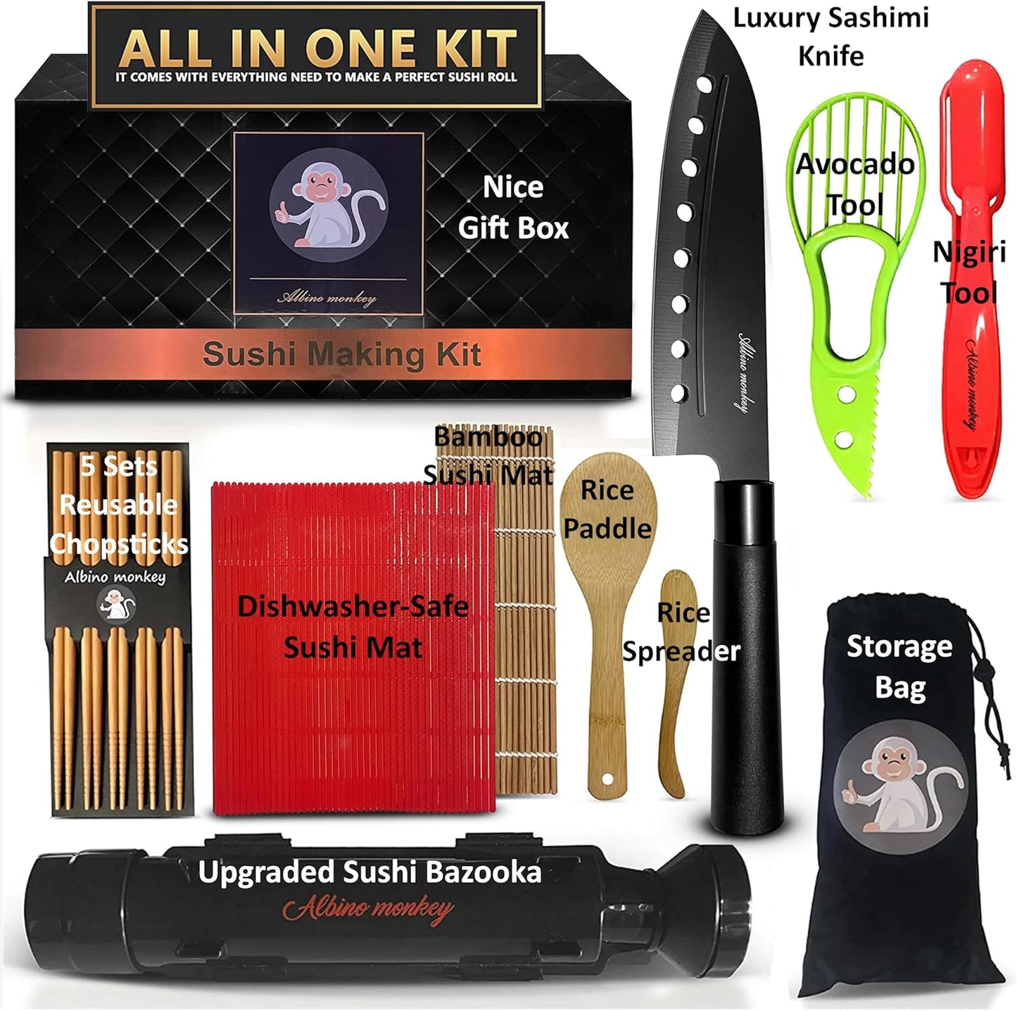 Sushi Making Kit for Beginners with Bazooka, Sashimi Knife, 2 Mats (Bamboo/Dishwasher-Safe PP), Nigiri Mold & Avocado Slicer | Food-Safe, Giftable, Step-by-Step Video Guide