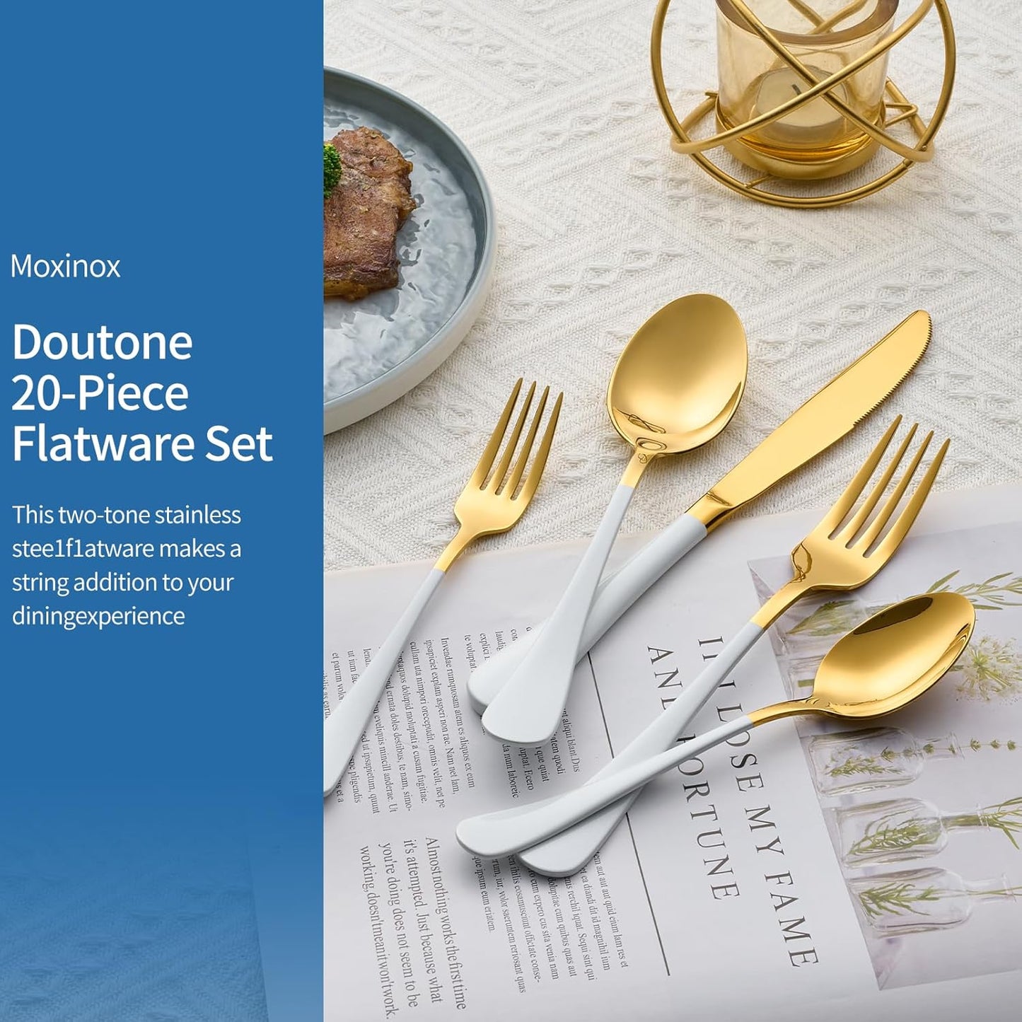 20-Piece White & Gold Silverware Set, 18/0 Stainless Steel Colorful Handle Flatware Set,Service for 4,Modern Cutlery Set Includes Dinner Knives Forks Spoons,Mirror Polished,Dishwasher Safe