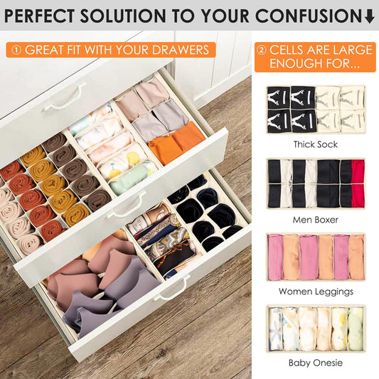 Drawer Organizer Clothes, 16 Pack Dresser Organizer Bins for Baby Clothes, Underwear Sock, Fabric Closet Organization and Storage Dividers for Nursery Bedroom (96 Compartments, Beige)