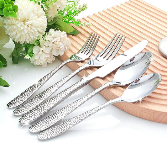 Hammered Silverware Set, CITESANA 40-Piece Heavy Duty Mirror Polished Stainless Steel Flatware Set Cutlery Set Flatware Service for 8