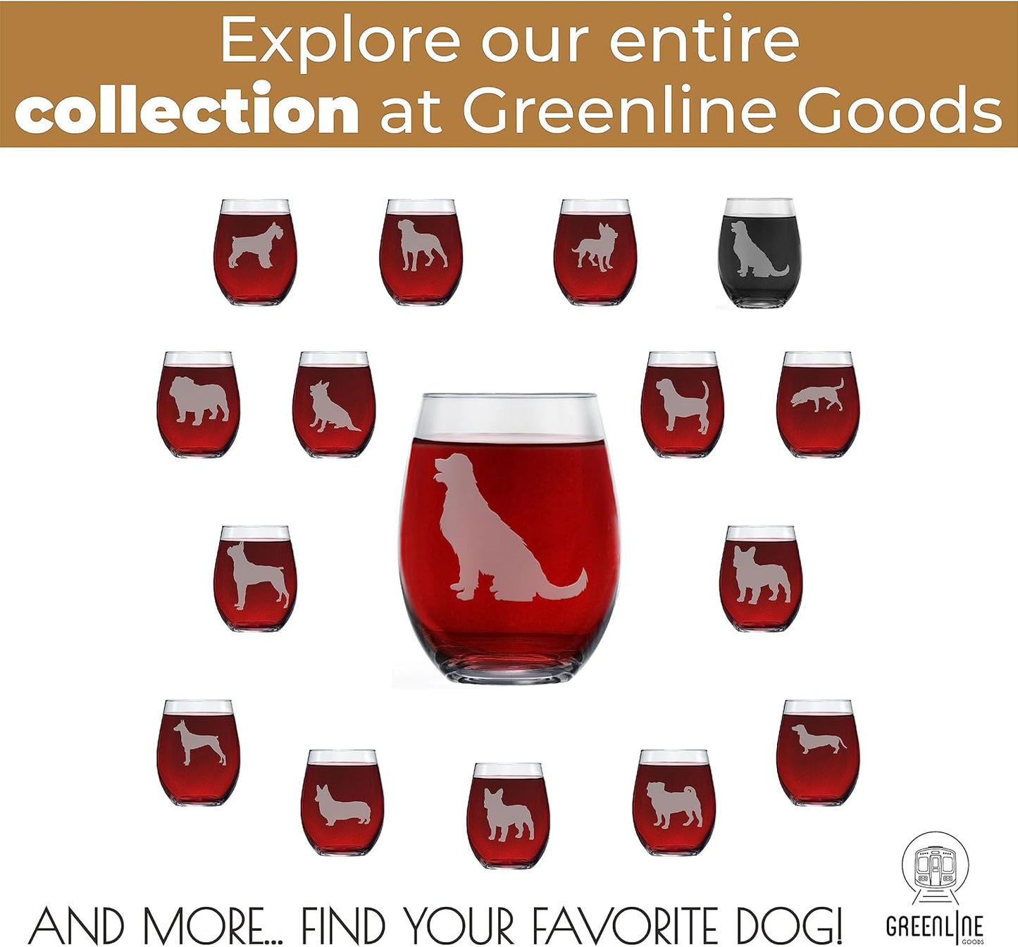 Golden Retriever Stemless Wine Glasses (Set of 2) | Unique for Dog Lovers | Hand Etched with Breed Name on Bottom
