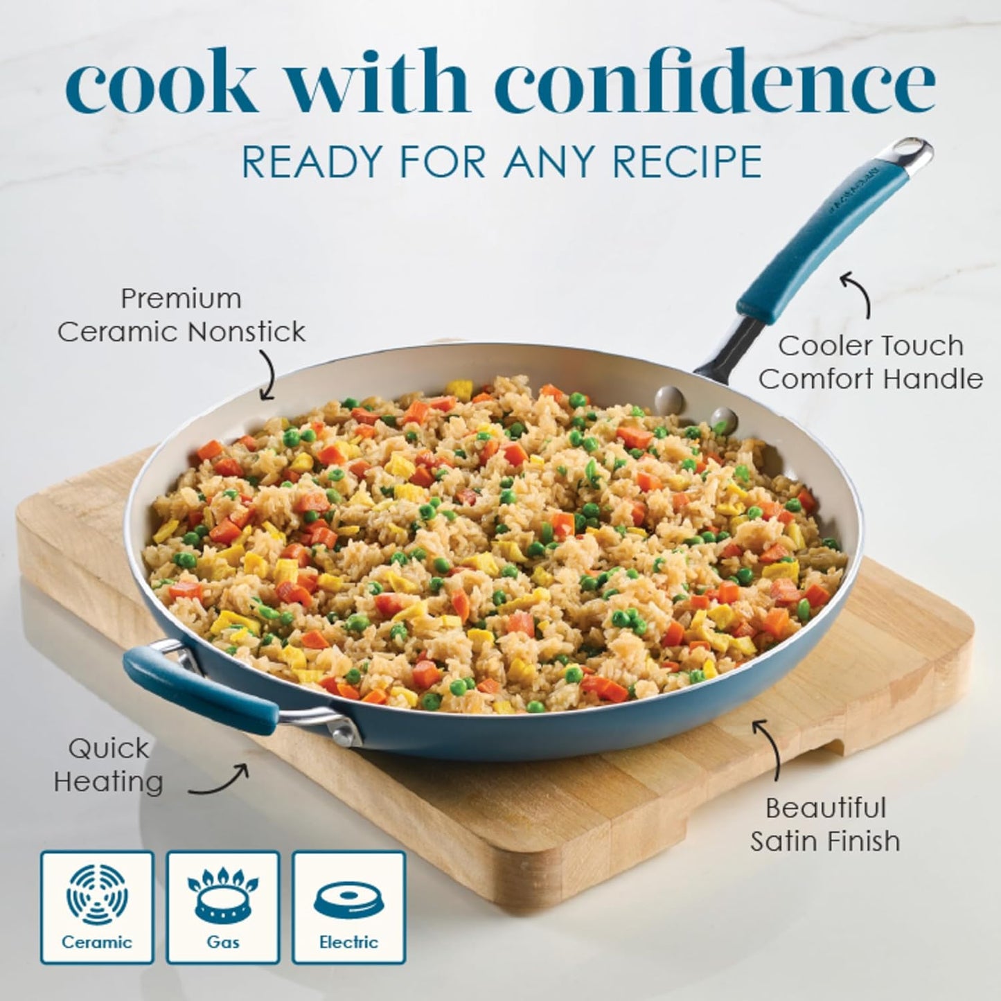 Rachael Ray Cucina Ceramic Nonstick Frying Pan/Skillet, Dishwasher Safe, 14 Inch Open Fry Pan - Marine Blue