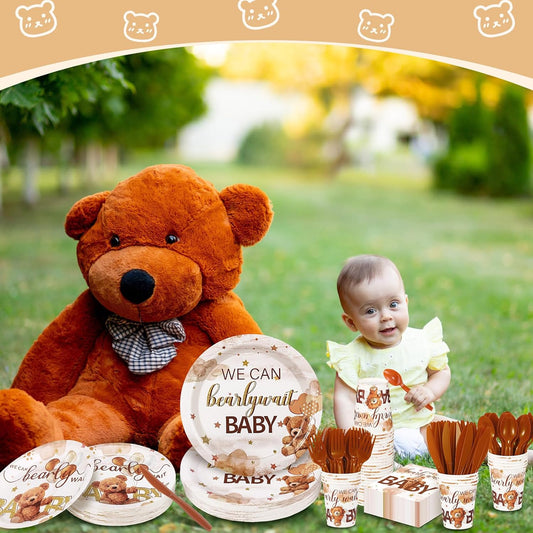 Dandat 350 Pcs Baby Shower Plates Set Baby Shower Party Supplies Serves 50 Tableware Sets Include Plates Napkin Cup Forks Knives Spoons Disposable Dinnerware(Bear,Brown)