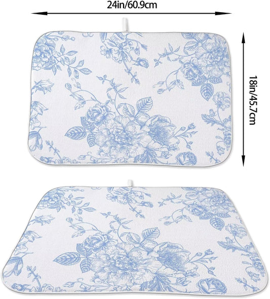 Baby Blue Chinoiserie Floral Dish Drying Mat 18 x 24 inch Vintage Flower Decorative Drying Mats Microfiber Absorbent Dish Washable Draining Mat for Kitchen Counter Decor