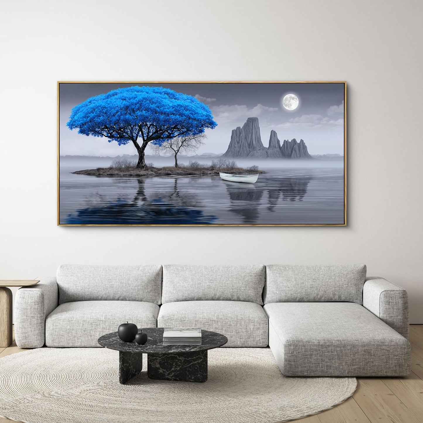 XLSJERST Living Room Wall Decor - Black and White Blue Tree Moon Canvas Wall Decor for Home Artwork Painting 29x58 Inches Canvas Print for Bedroom Decor Modern Salon Kitchen Office Hang a Picture