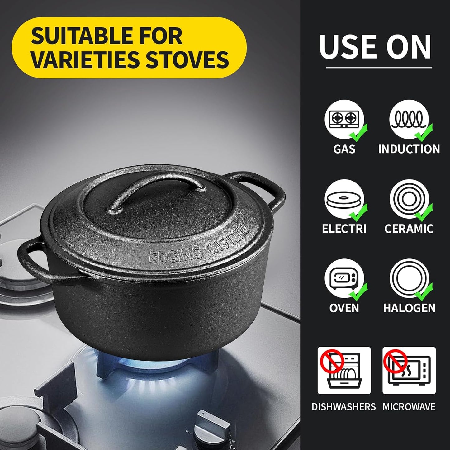 Pre-Seasoned Cast Iron Dutch Oven Pot with Lid Dual Handle, Sourdough Bread Baking Pots, Round 7 Quart, Black