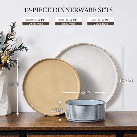 E-far 12-Piece Plates and Bowls Sets, Stoneware Dinnerware Dishes Sets for 4, Kitchen Modern Dining Dishware, Chip & Scratch Resistant, Microwave & Dishwasher Safe, Multicolor