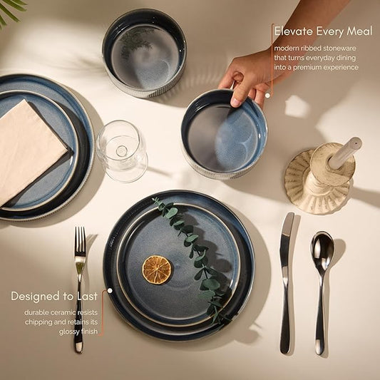 Ceramic Dinnerware Set, by Vase and Vessel, 12-Piece Service for 4, 9.8” Dinner Plates, 8” Salad Plates, 20 oz Bowls, Ombre Reactive Glaze, Durable Stoneware, Microwave & Dishwasher (Denim)