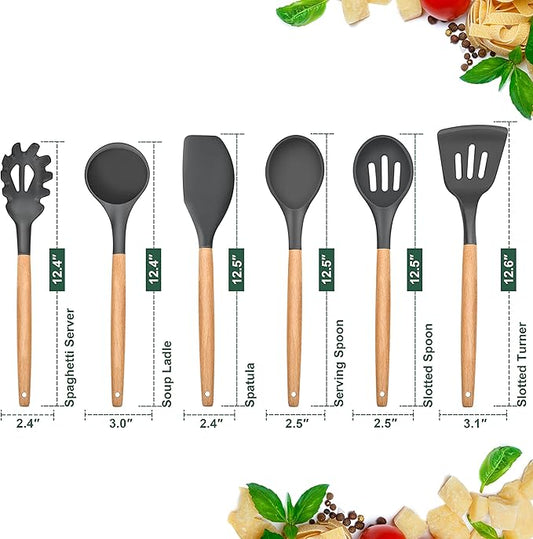 E-far Cooking Utensils Set of 6, Silicone Kitchen Utensils with Wooden Handle, Non-stick Cookware Friendly & Heat Resistant, Includes Spatula/Ladle/Slotted Turner/Serving Spoon/Spaghetti Server(Gray)