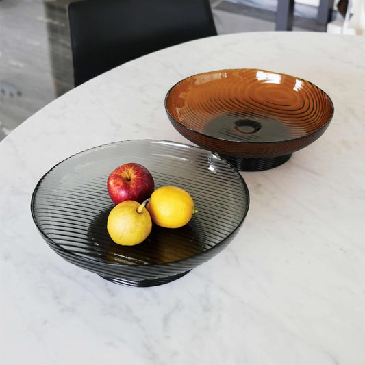 12-Inch Ribbed Glass Serving Bowl with Pedestal, Large Decorative Fruit Bowl, 2.5-Quart Capacity (Smoke Grey)