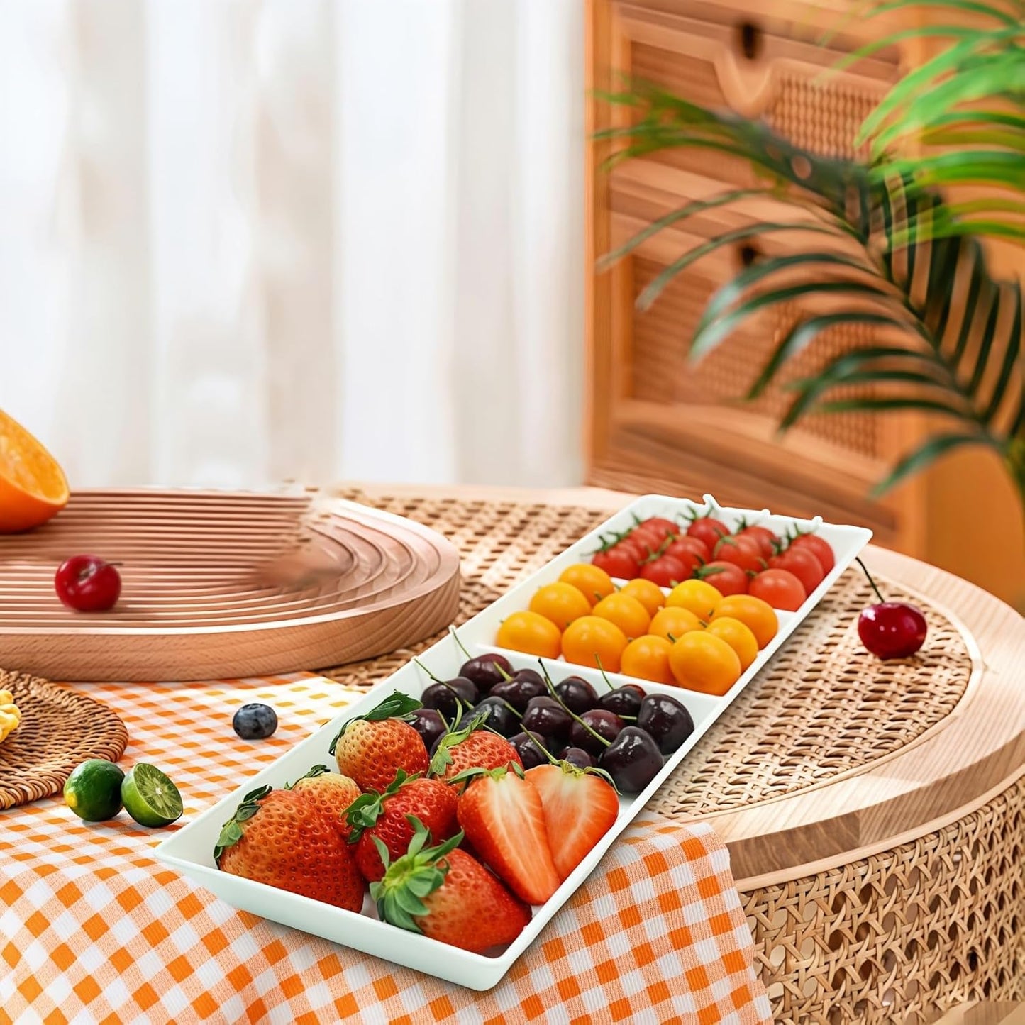 Divided Serving Tray Platter, 2 Pack 17.6" x 6" Fruit Veggie Food Tray for Party, Plastic Serving Trays for Appetizer, Snack, Dessert, Cookie, Brunch Decorations Platters, White Trays BPA-Free