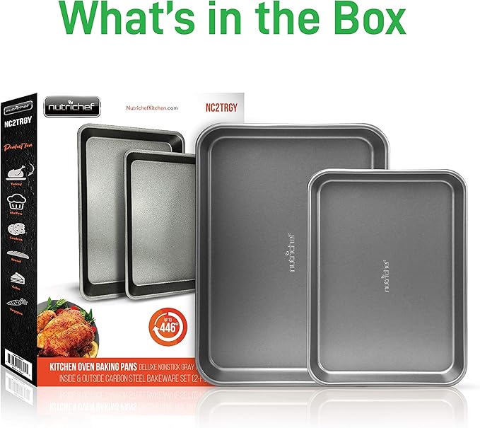 NutriChef 2-Piece Nonstick Cookie Sheet Baking Pan Set - Premium Bake Trays w/ Sleek Non-Stick Coating PFOA, PFOS, & PTFE Free - Large (15"x11") & Medium (13"x9") - Dishwasher Safe
