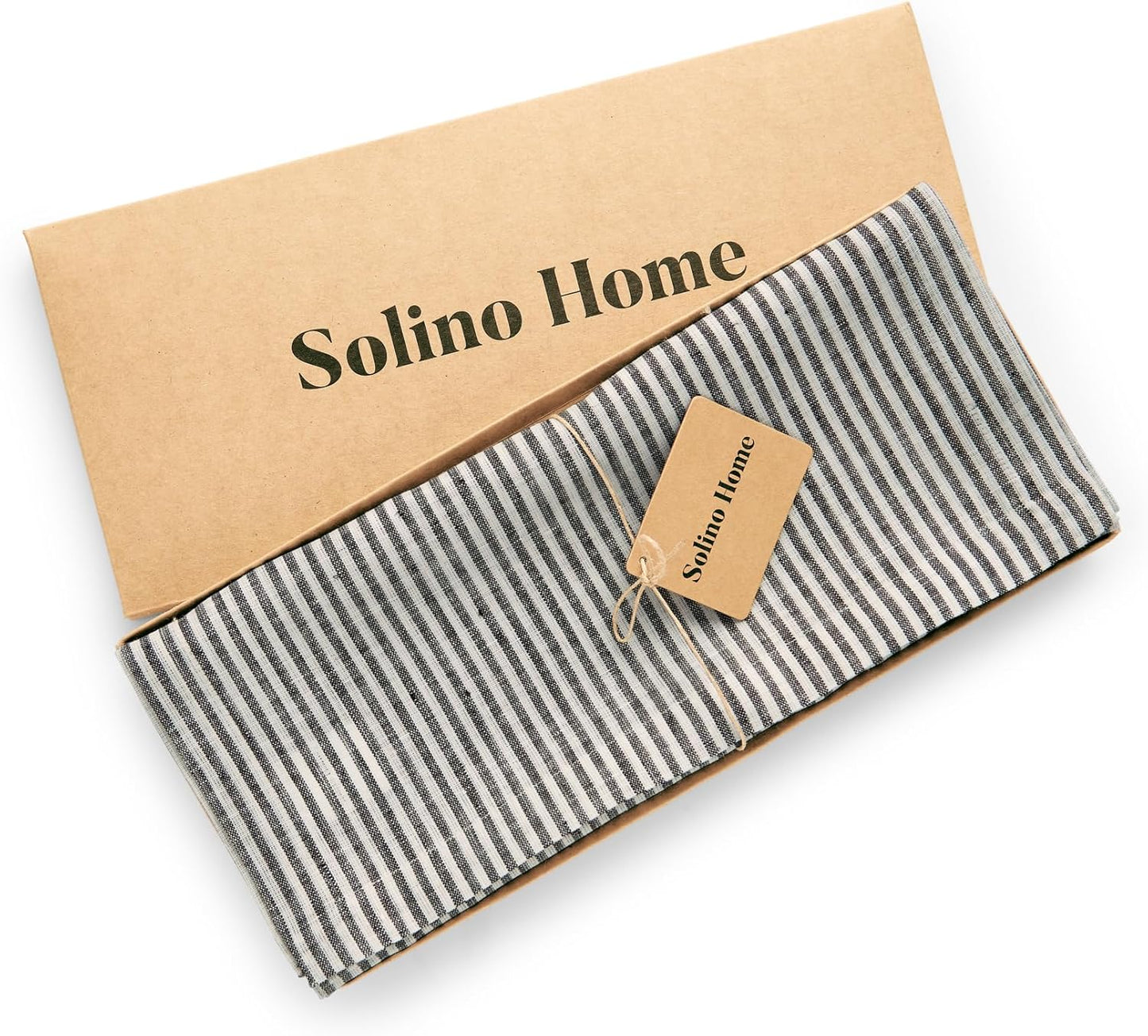 Solino Home Linen Table Runner 90 Inches Long - Narrow Stripe, 100% Pure Linen Black and White Farmhouse Table Runner 14 x 90 Inch for Dining, Fall, Autumn, Halloween, Thanksgiving, Christmas