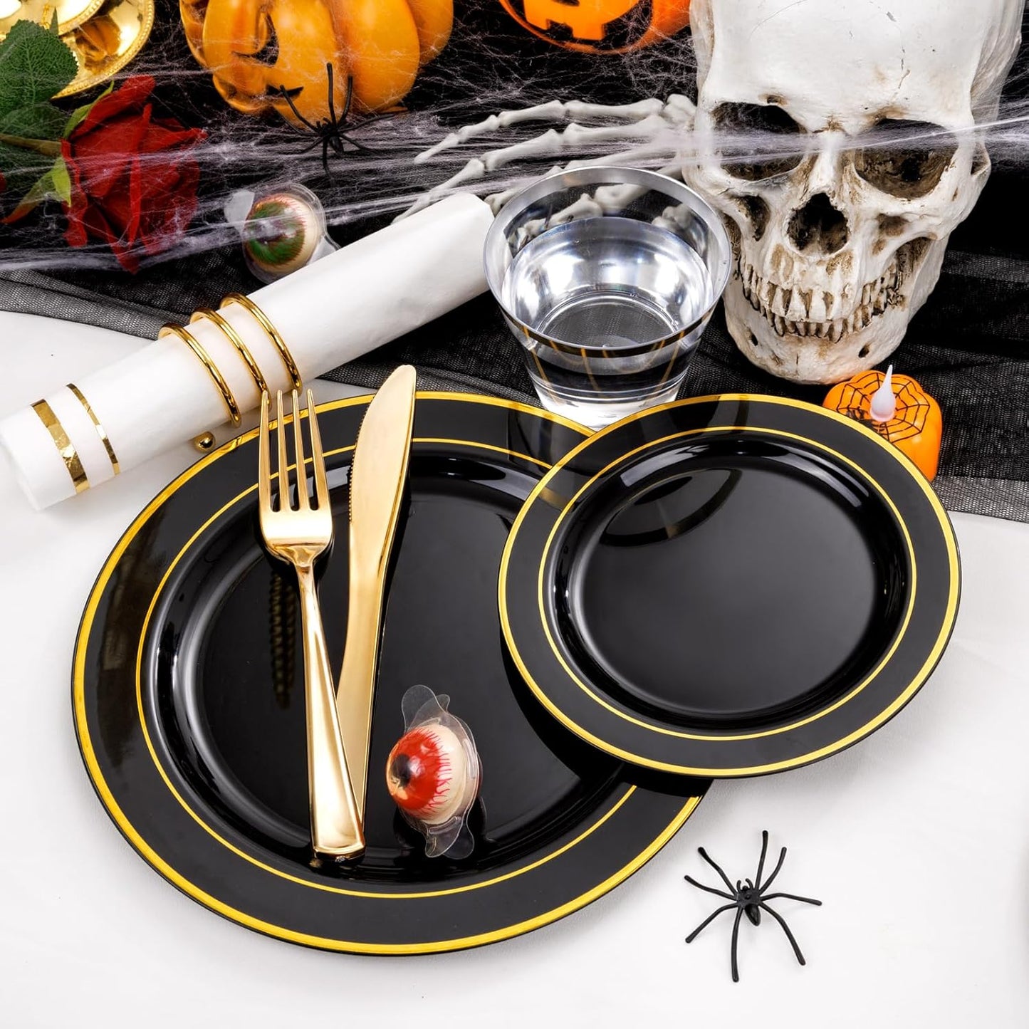 GATHER 350PCS Black Plastic Plates - Disposable Dinnerware Set Include 100PCS Black and Gold Plastic Plates, 150 Silverware, 50 Napkins, 50 Cups for Halloween Party