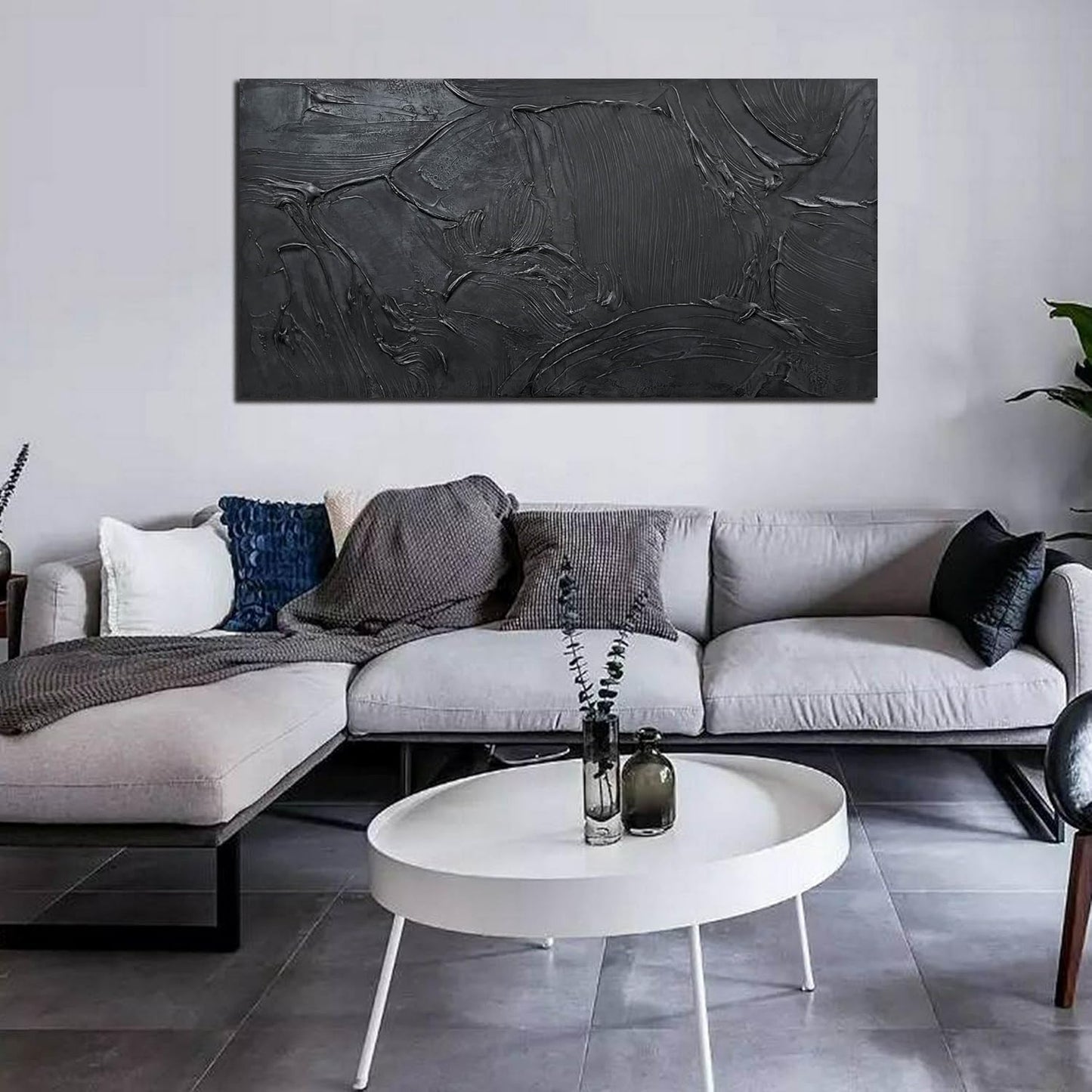 Abstract Art Pictures for Wall in Living Room - Minimalist Wall Art for Teen Boys Bedroom - Black Hand Painted Wall Art for Office Size 24" x 47"