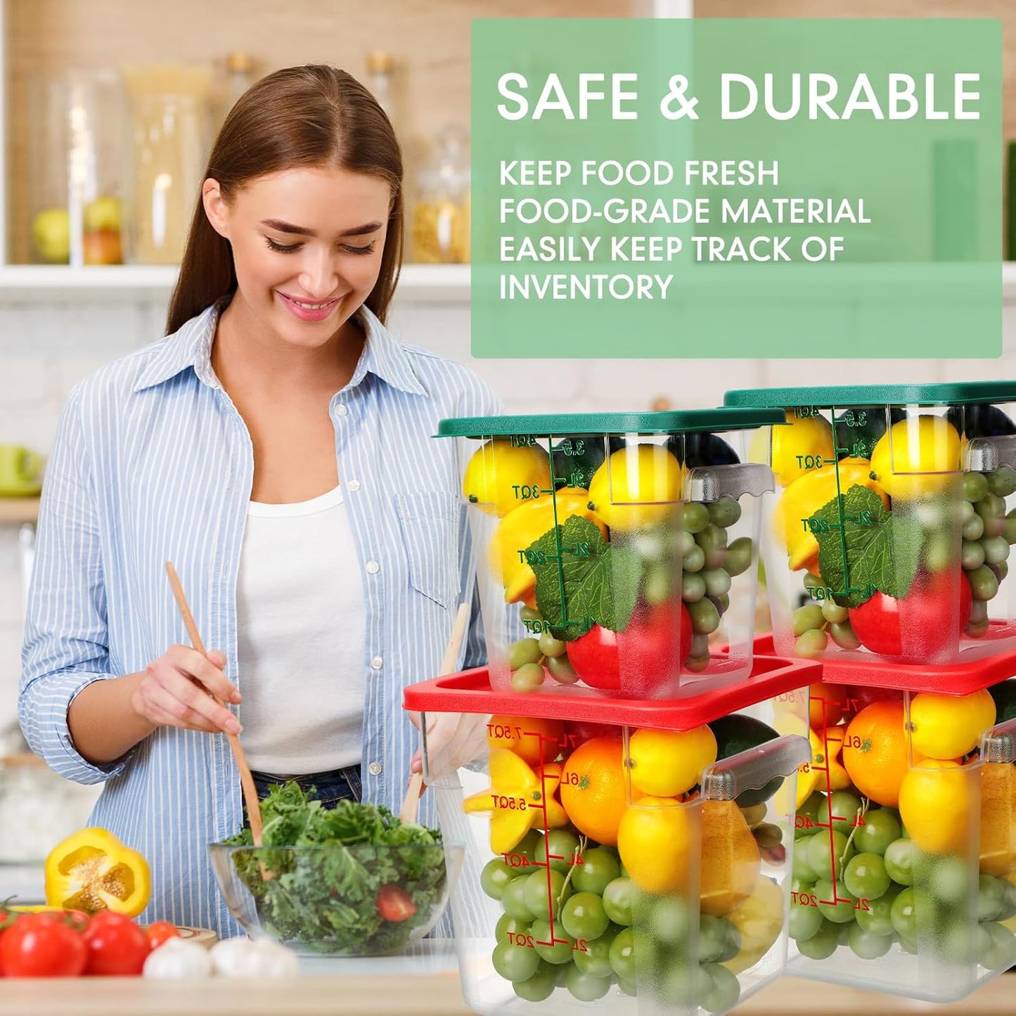 Lallisa 4 Pcs 8 Qt and 4 Qt Clear Food Storage Containers with Lids, Handles and Scales, Commercial Grade Square Containers Polycarbonate Air Tight for Home Storage Kitchen Restaurant(Red, Green)