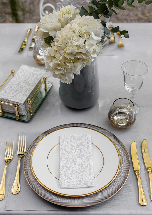 AMERICAN HOMESTEAD Paper Napkins - Silver Leaf Disposable Linen-Like Dinner Napkins - Restaurant-Quality Table Serviettes for Weddings, Parties, and Events - 15.75" x 15.75" - 50 Count