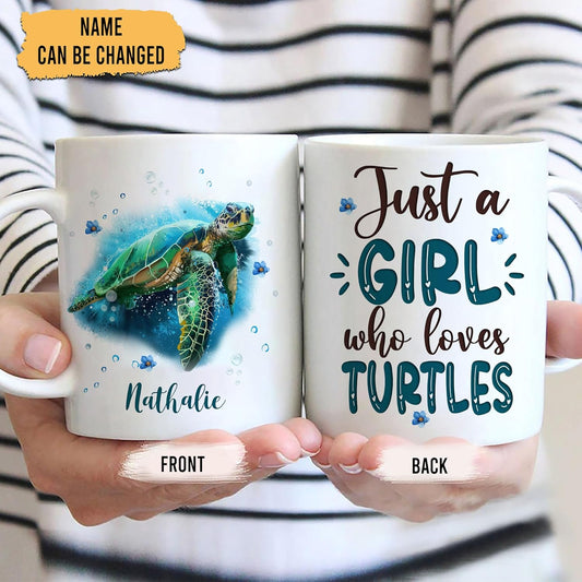 Hyturtle Personalized Gifts Sea Turtle Lover - Just A Girl Who Loves Turtles Custom Name Ceramic Coffee Mug Cup 11oz - Idea Cute Animal Lover Gifts For Women, Girl Daughter On Birthday, Christmas