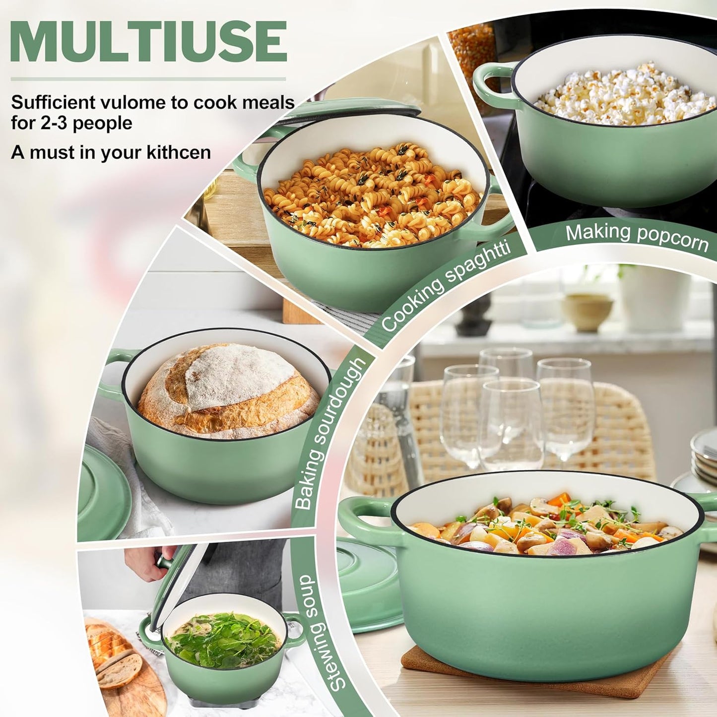 Small 3 Quart Dutch Oven, HaSteeL Round Cast Iron Cooking Pot with Lid, Nonstick Enameled Cookware for Sourdough Bread Baking Roasting Stewing Braising Frying, Heavy Duty & Oven Safe 500℉, Green