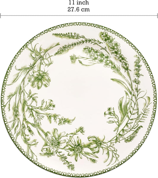 Bico Green Garden Toile De Jouy Dinner Plates Set of 4, 11 Inch Large Ceramic Plates for Pasta, Steak, Stylish Serving Dishes, Microwave and Dishwasher Safe, Gift for Housewarming and Thanksgiving