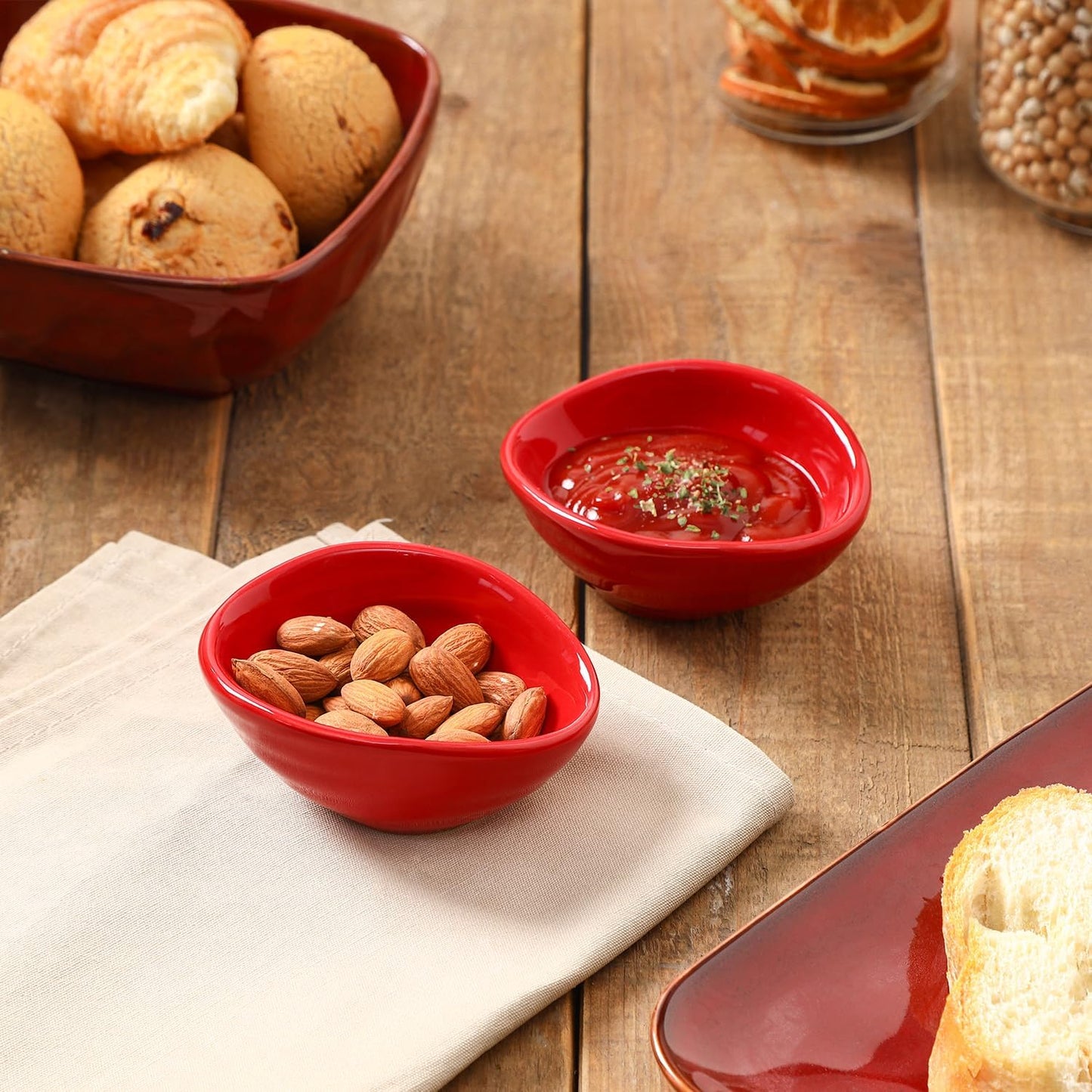 vicrays Ceramic Dipping Sauce Bowls – Small Charcuterie Dip Cups Cooking Prep Condiment Oil Dish Mini Tapas Plates for Soy Sushi Salsas Wasabi Appetizer Dessert - Set of 6 Red