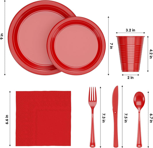 Party Solids 350 Pieces Red Plastic Plates For Party, Red Disposable Plates Set, 50 Of Each 9" Dinner Plate Set, 7" Dessert Plate, Cups, Napkins & Cutlery Plastic Dinnerware