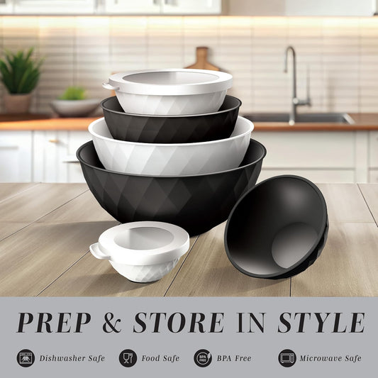 COOK WITH COLOR Mixing Bowls with Lids - 12 Piece Plastic Nesting Bowls Set includes 6 Prep Bowls and 6 Lids, Diamond Design - Microwave Safe, Black and White
