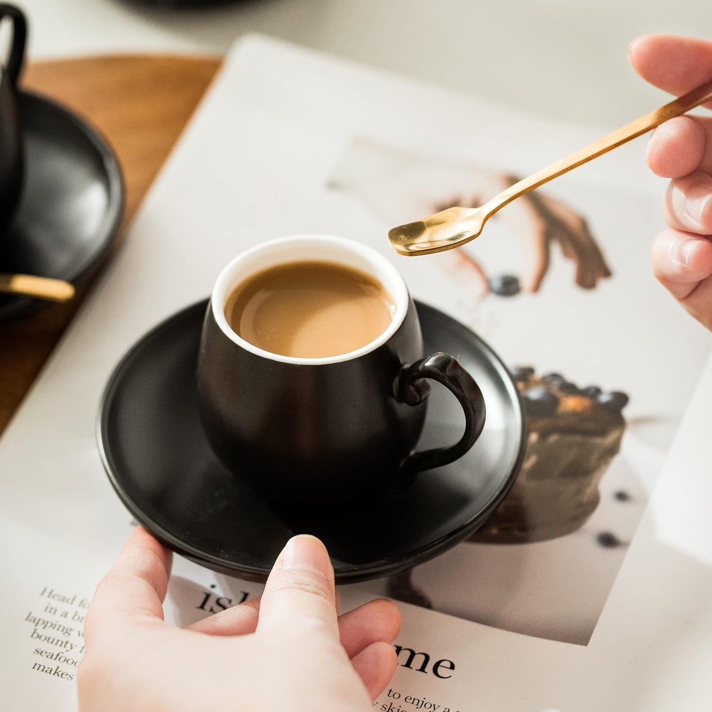 LYEOBOH Espresso Cups and Saucers Set, Ceramic Coffee Cup 3 Ounces Small Demitasse Cups Espresso Mugs with Spoons & Metal Stand for Cappuccino, Latte, Tea, Set of 6, Black