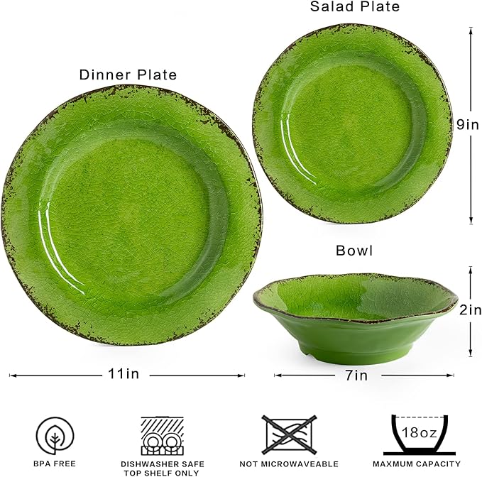LEHAHA Melamine Dinnerware Set, 12-Piece Dishes Set, Lightweight and BPA Free Rustic Plates and Bowls Sets, Service for 4, Indoor Outdoor Use, Great for Patio, Camping, RVs (Green)