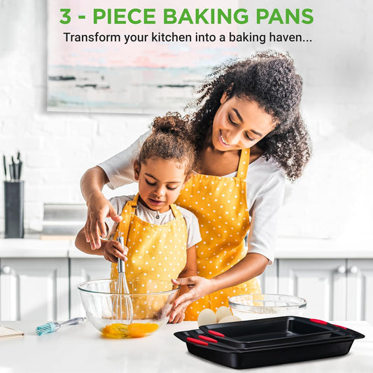 NutriChef 3-Piece Baking Pan Set - Premium Nonstick Carbon Steel Bakeware w/ Silicone Handles - Includes Large, Medium, & Small Pans for Baking & Roasting - PFOA, PFOS, PTFE Free - Black