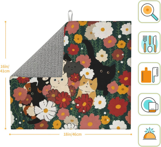 Cute Cat Flowers Dish Drying Mat 16x18 Inch, Microfiber Absorbent Fast Dry Mat Colorful Floral Large Dish Mat Drying Kitchen Mat, Kitchen Drying Pad for Kitchen Counter Coffee Bar Decor Gifts