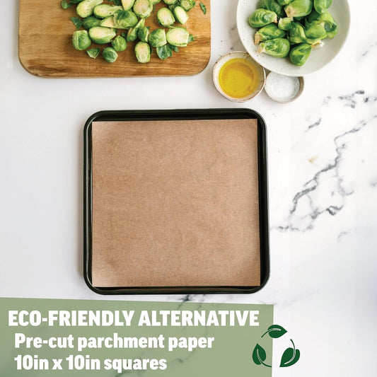 Zenlogy 10x10 Parchment Paper Squares (200 Sheets), Unbleached, High Heat, Non-stick, Pre-cut Baking Paper - Fits 10x10 Square Pans, Toaster Oven Trays, Air Fryer, Dehydrator - Baking and Roasting