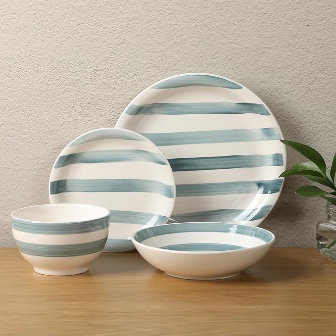 Gibson Home Kenwood Shores 16 Piece Dinnerware Set, Blue Striped, Hand-Painted Stoneware Dishes, Plates and Bowls, Service for 4, Microwave & Dishwasher Safe