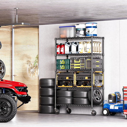 IZEUK 5-Tier Adjustable Heavy Duty Steel Wire Shelving Unit with Wheels, Storage Rack Organizer for Garage, Kitchen, Office, Laundry, Basement (Black, 17.7" D x 47.2" W x 76.7" H, 1750 lbs Capacity)