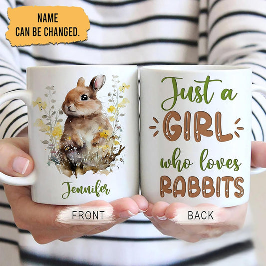 Hyturtle Personalized Gifts Rabbit Lover - Just A Girl Who Loves Rabbits Custom Name Ceramic Coffee Mug Cup 11oz - Idea Cute Animal Lover Gifts For Women, Girl On Birthday, Christmas