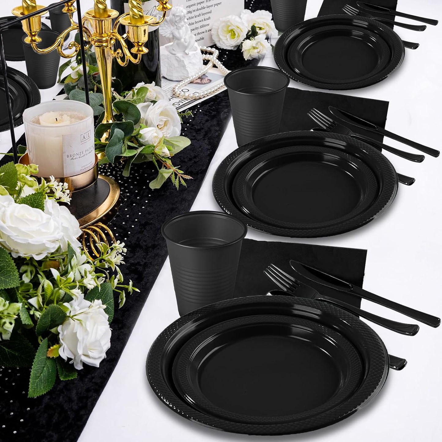 Black Plastic Plates, 25 Guest Disposable Dinnerware Set for Halloween Party, Black Party Supplies, Includes 25 Dinner Plates, 25 Dessert plates, 25 plastic Cutlery, 25 Napkins and 25 12 oz Cups