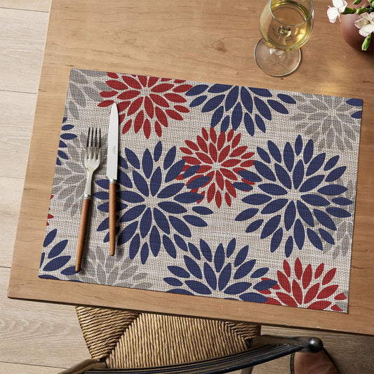 Artoid Mode Floral Vinyl Plastic Placemats Set of 4, 12x18 Inch 4th of July Patriotic Memorial Day Washable Non-Slip PVC Place Mats for Party Kitchen Dining Decor, Red Blue