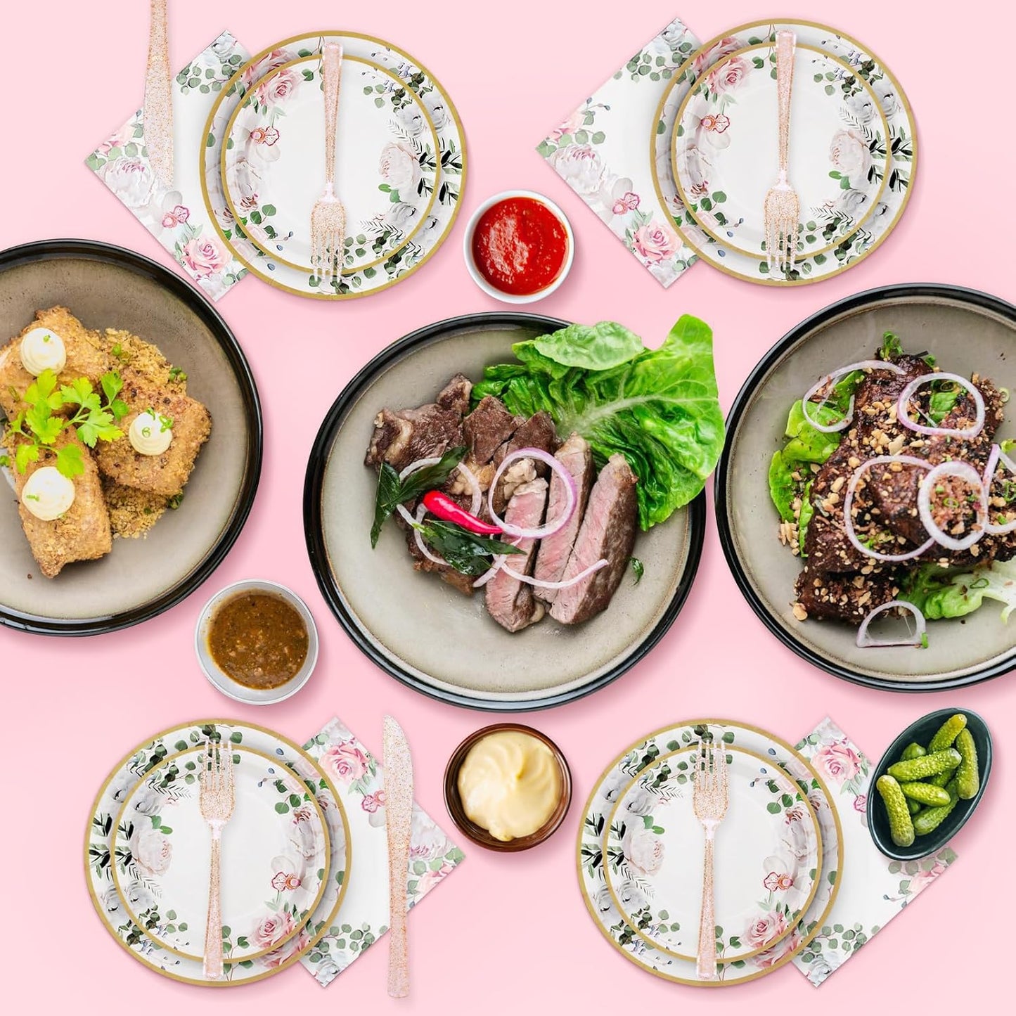 350 PCS Floral Plates and Napkins Party Supplies Serve 50 Flower Disposable Paper Dinnerware Sets for Adults Bridal Shower Decorations Baby Shower Birthday Wedding Engagement Tea