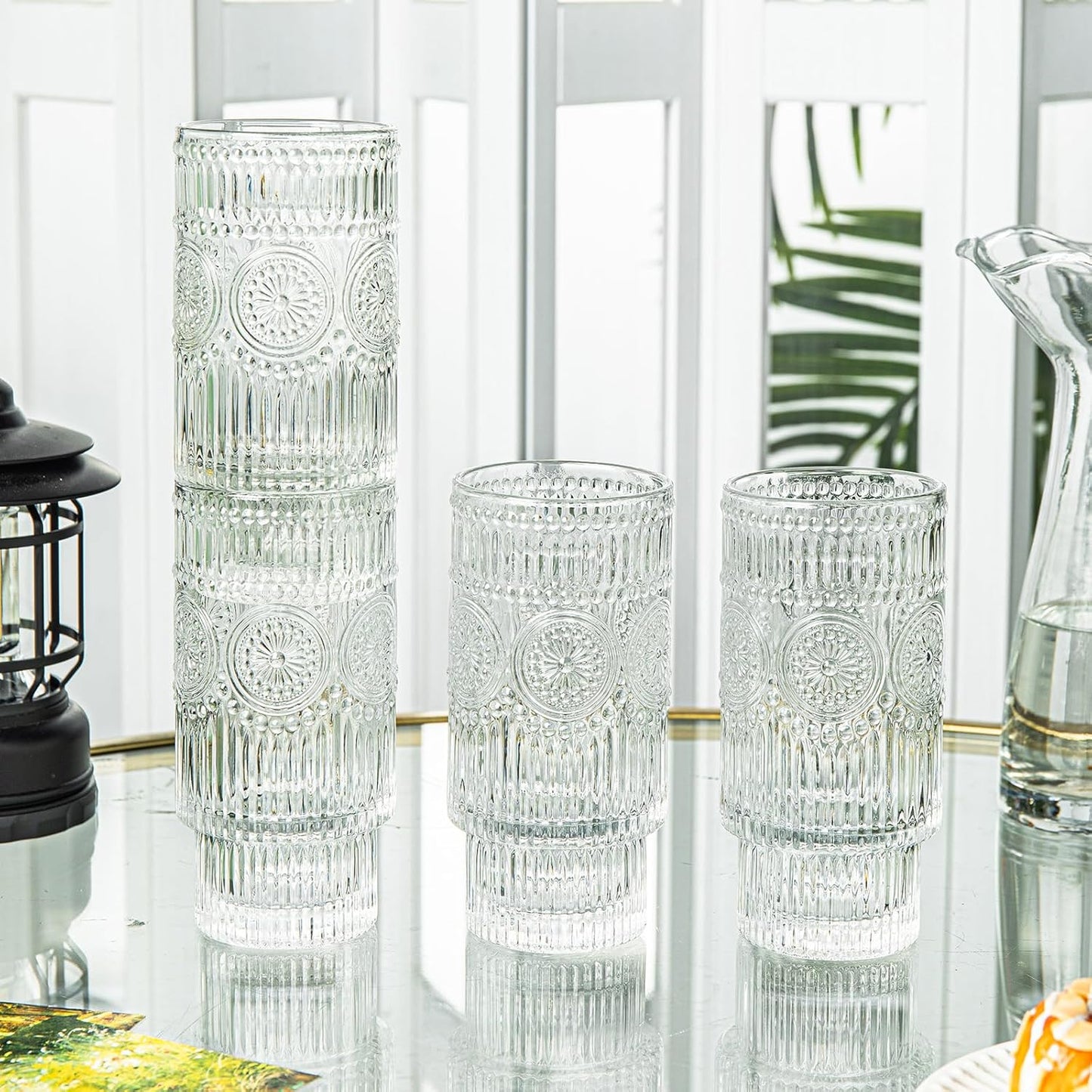 4 Pack Large 16oz Ribbed Glassware Set, Flower Design Stackable Glass Cups, Vintage Textured Clear Striped Drinking Glasses Set, for Bar Beverages,Juice,Water,Cocktail,Iced Coffee