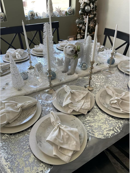 Disposable Silver Placemats Set of 50 Metallic Thin Round 13 Inch Silver Doilies Charger Foil Mesh Pressed Fall Table Mates 50 Pack for Wedding Birthday Party