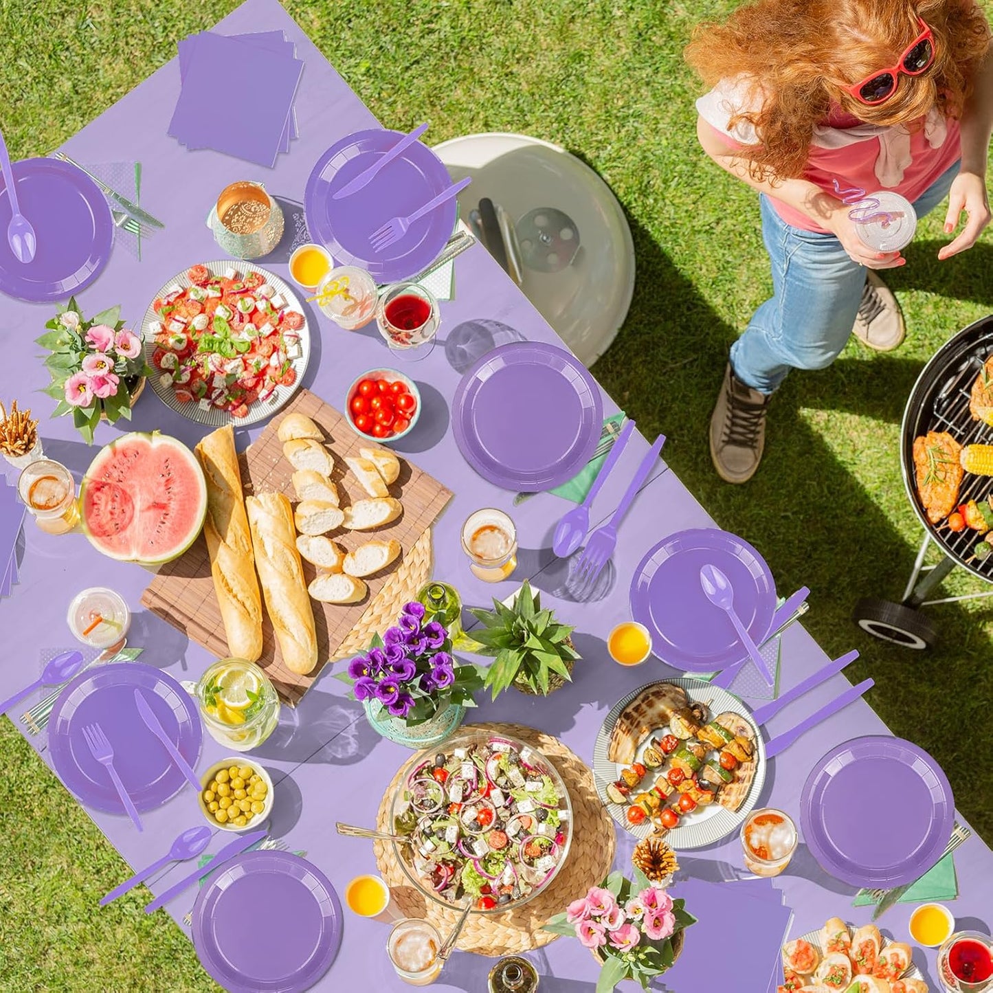 TWOWYHI 229PCS Purple Party Supplies Set Paper Disposable Plates Cups Plastic Spoons Forks Knives Purple Napkins for 30 Guests Disposable Party Dinnerware Sets for Wedding Birthday Parties